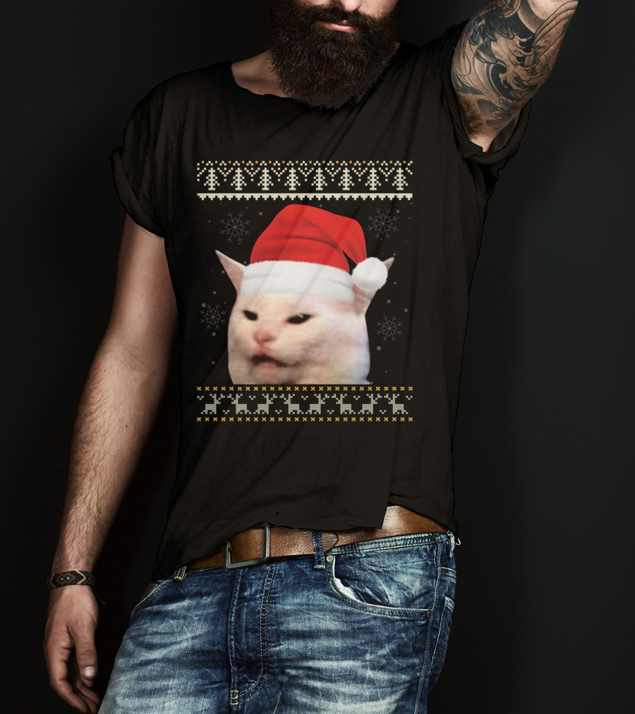 Confused Cat With Red Santa Hat And Christmas T-Shirt
