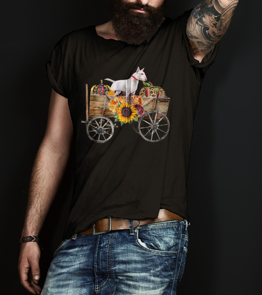 Bull Terrier Sunflower And Pumpkin Wagon In Country T-Shirt
