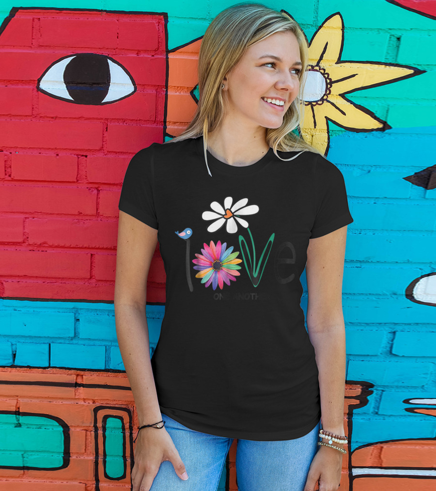 Love One Another Daisy Rainbow Flower Bird Hippie T-Shirt