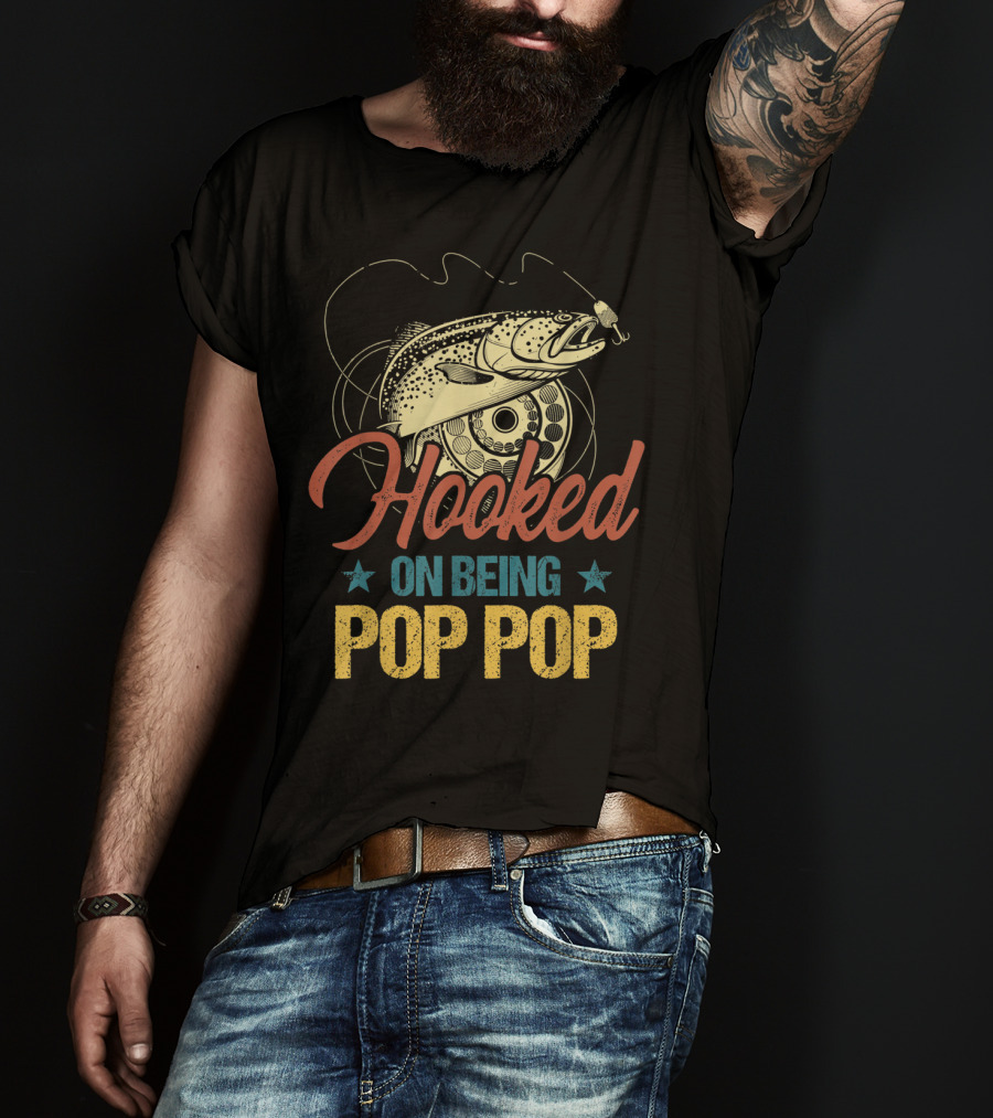 Hooked On Being Pop Pop Fishing Vintage Mens T-Shirt