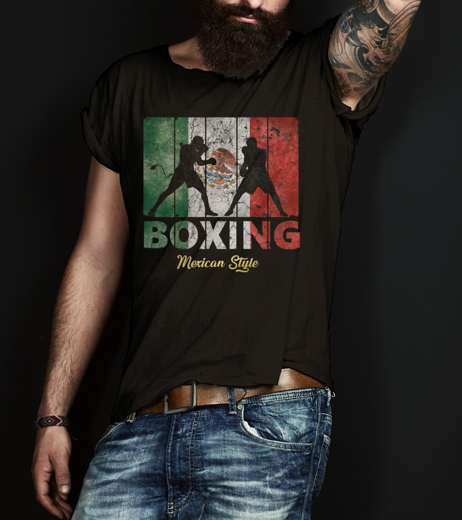 Mexican Vintage Style Boxing With Great Boxing Silhouettes And Flag Background T-Shirt