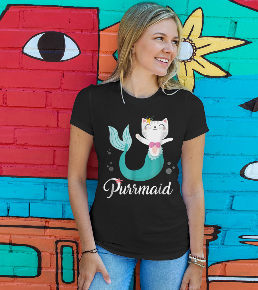 Purrmaid Cat Mermaid For Girls With Star And Bow T-Shirt
