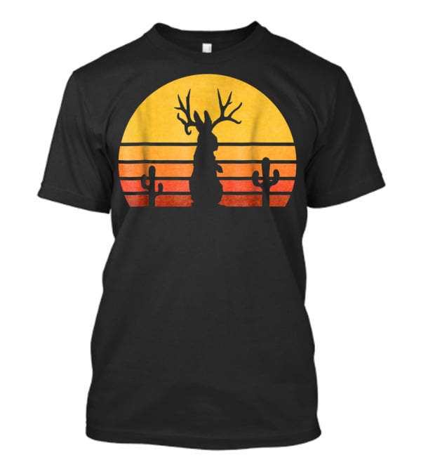 Retro Eighties Sunset Jackalope Silhouette With Cactus Vintage Cryptid T-Shirt