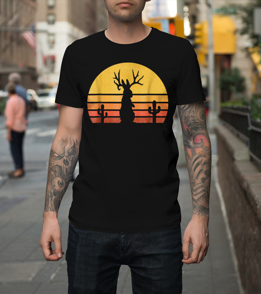 Retro Eighties Sunset Jackalope Silhouette with Cactus Vintage Cryptid T-Shirt