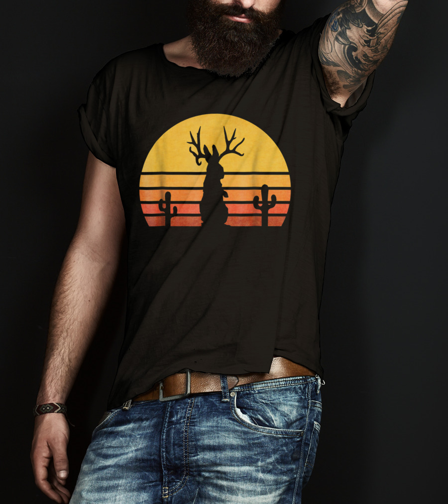 Retro Eighties Sunset Jackalope Silhouette With Cactus Vintage Cryptid T-Shirt