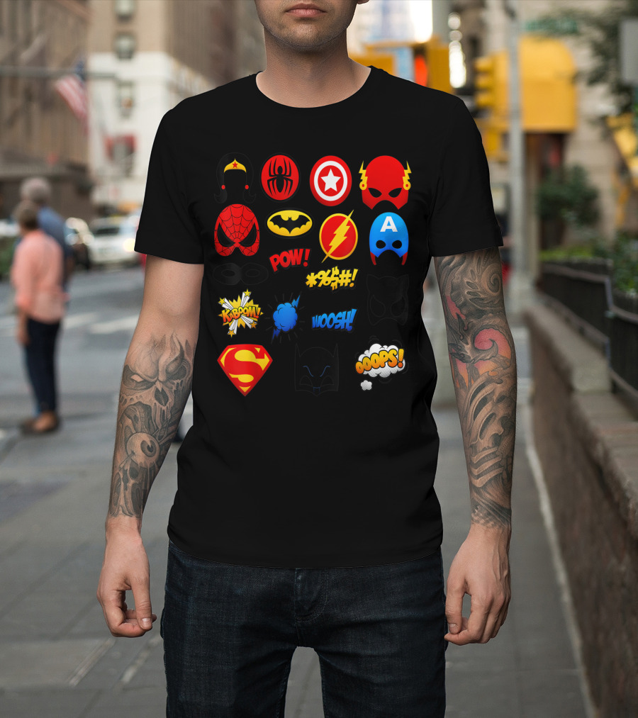 Superheroes Icons Spider Captain Batman Flash Wonder Emoji KABOOM POW OOOOPS Super T-Shirt