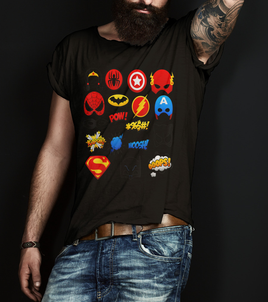 Superheroes Icons Spider Captain Batman Flash Wonder Emoji KABOOM POW OOOOPS Super T-Shirt