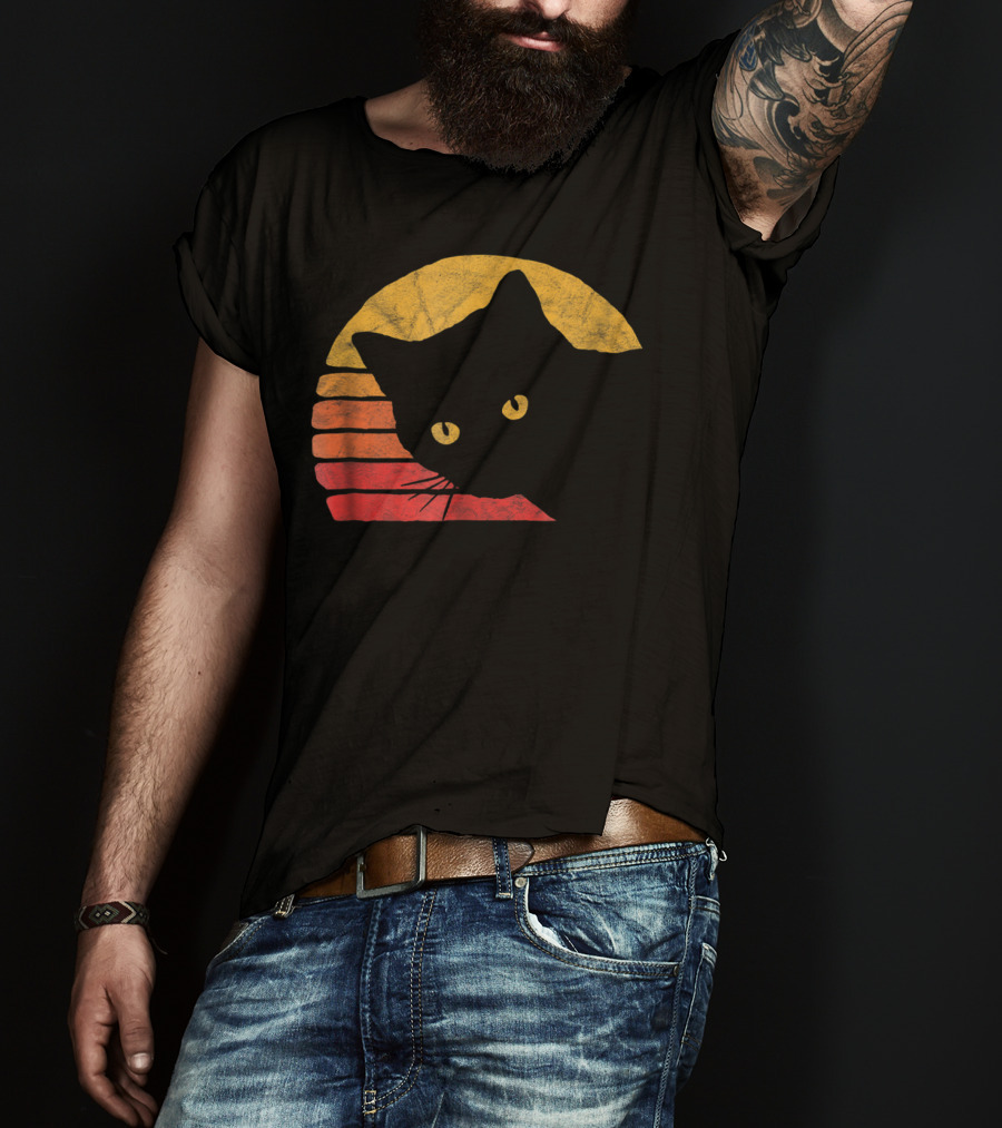 Vintage Eighties Style Cat Distressed Silhouette Retro Sunset T-Shirt
