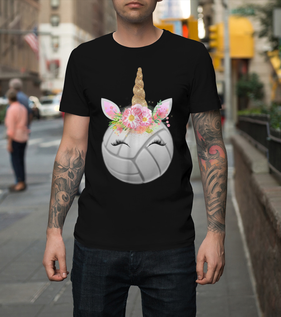 Volleyball Unicorn Funny Sport Love Girls Magical Flower Horn T-Shirt