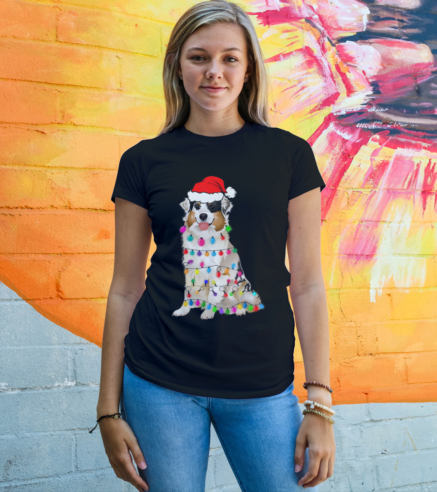 Australian Shepherd Wrapped In Christmas Lights With Santa Hat T-Shirt