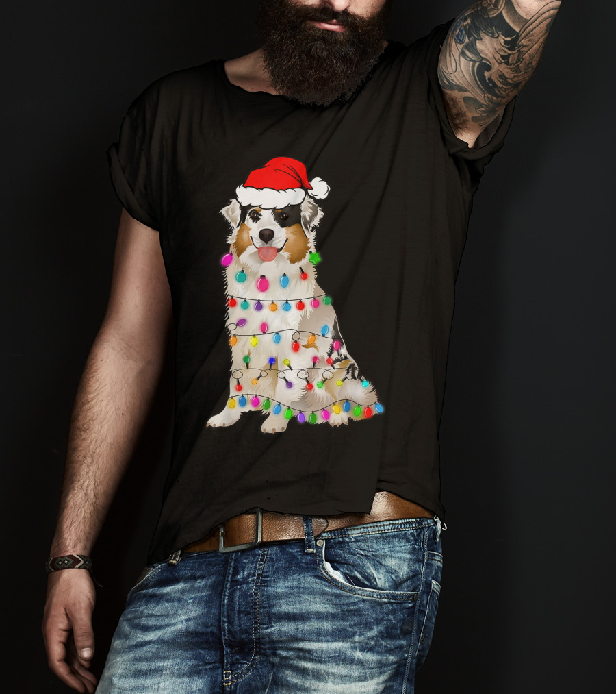 Australian Shepherd Wrapped In Christmas Lights With Santa Hat T-Shirt