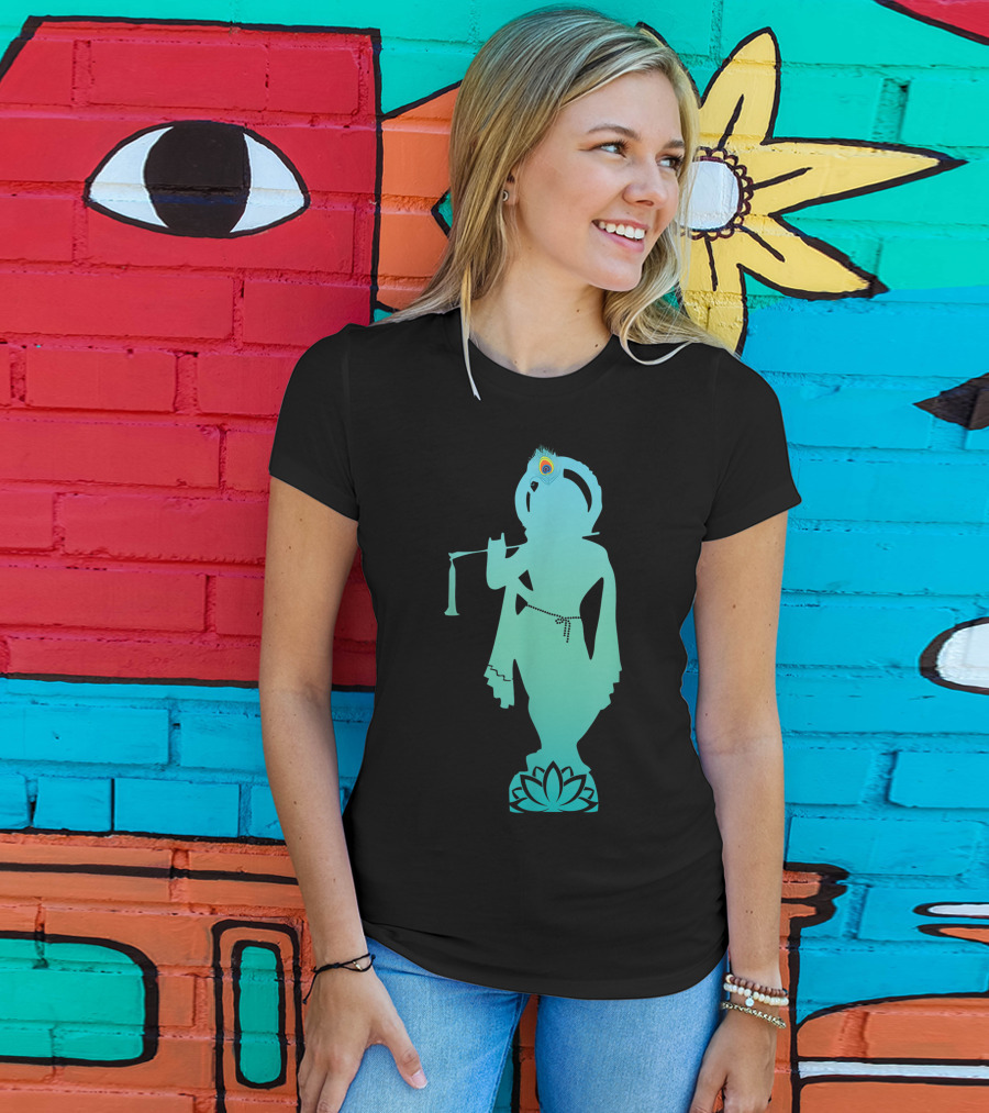 Divine Glory Lord Krishna Flute Silhouette With Peacock Feather And Lotus T-Shirt