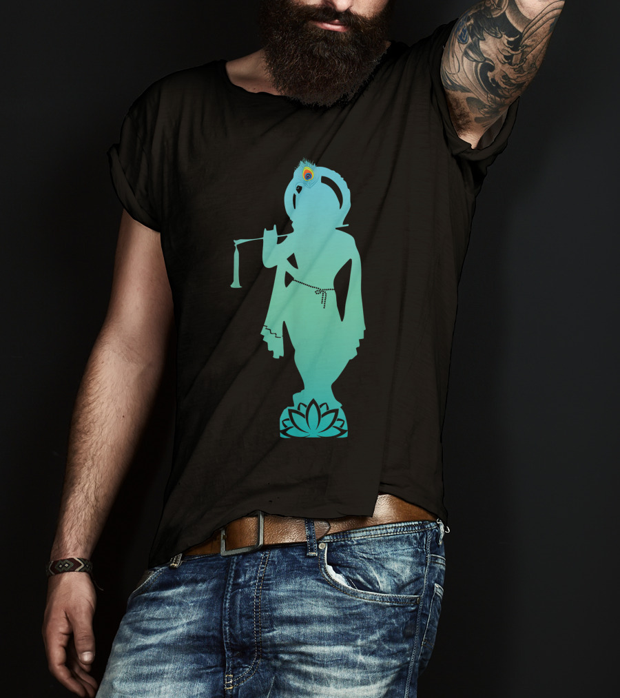 Divine Glory Lord Krishna Flute Silhouette With Peacock Feather And Lotus T-Shirt