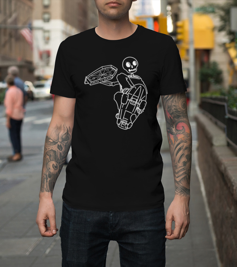 Fakie's Pizza Fresh To Death Skelly Skateboard T-Shirt