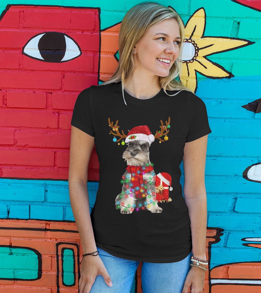 Funny Santa Hat Reindeer Miniature Schnauzer Christmas Lights T-Shirt