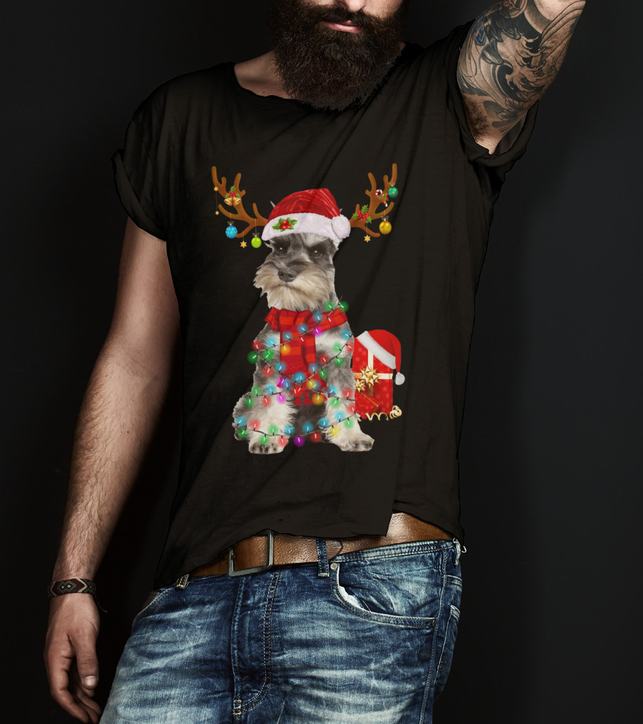 Funny Santa Hat Reindeer Miniature Schnauzer Christmas Lights T-Shirt