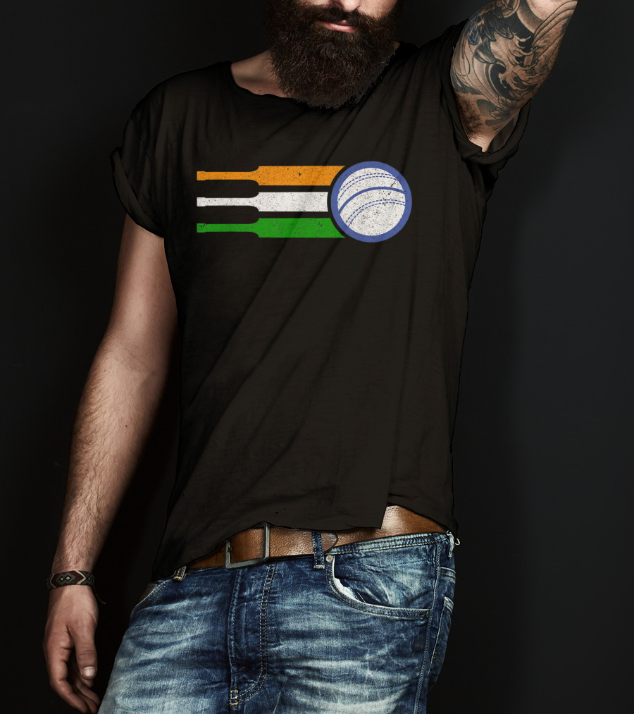 India Cricket Team Fan Flag With Cricket Ball And Tricolor T-Shirt