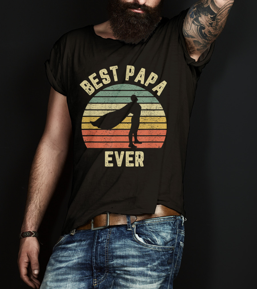 Best Papa Ever Superhero Vintage Retro Stripes T-Shirt
