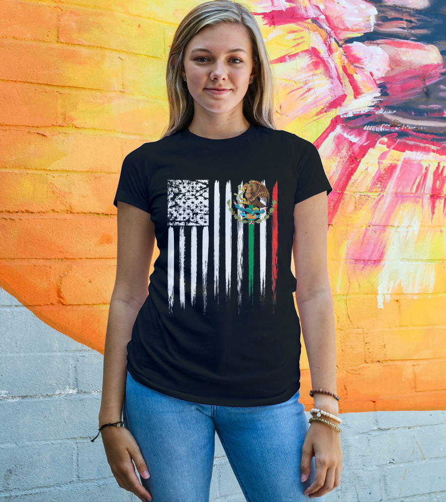 Mexican American Flag With Eagle And Serpent Symbol On Distressed Stripes T-Shirt
