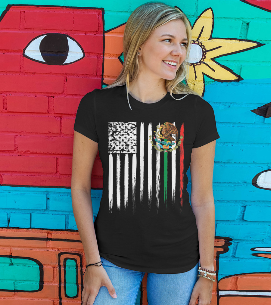 Mexican American Flag With Eagle And Serpent Symbol On Distressed Stripes T-Shirt