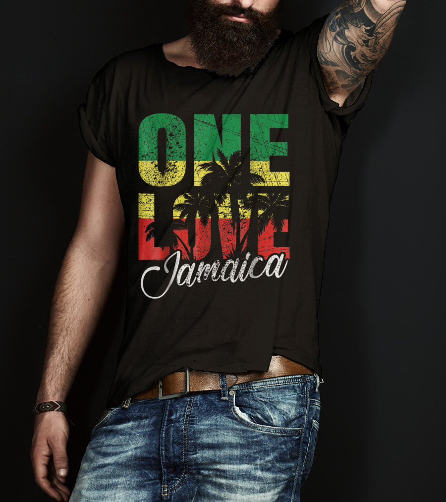 One Love Jamaica Caribbean Vacation Reggae Colors Palm Trees T-Shirt
