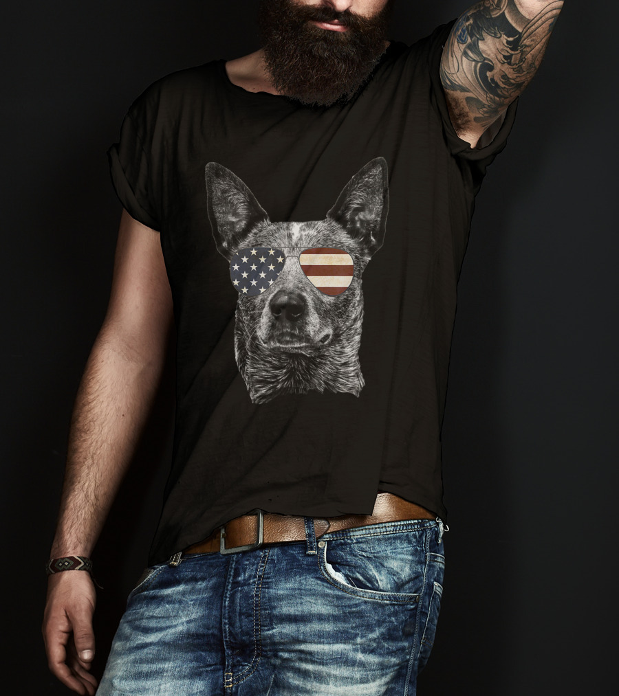 Patriotic Australian Cattle Dog USA Flag Sunglasses T-Shirt