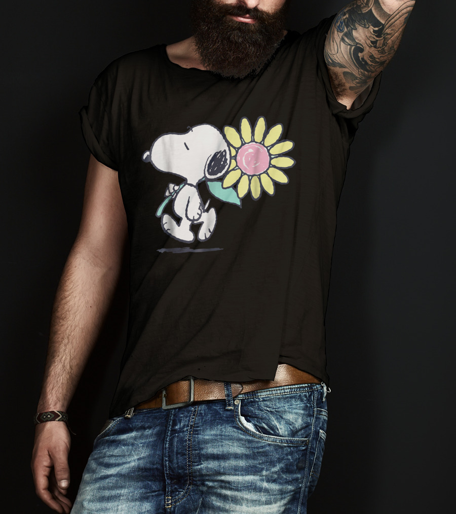 Peanuts Snoopy Walking With Pink Daisy Flower T-Shirt