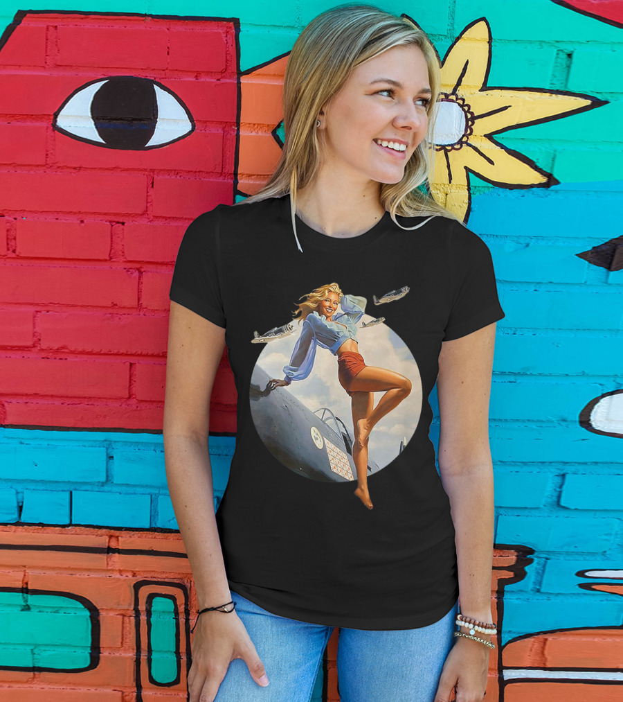Pin Up Blonde With WWII 40s Air Force Plane And Iconic T-Shirt