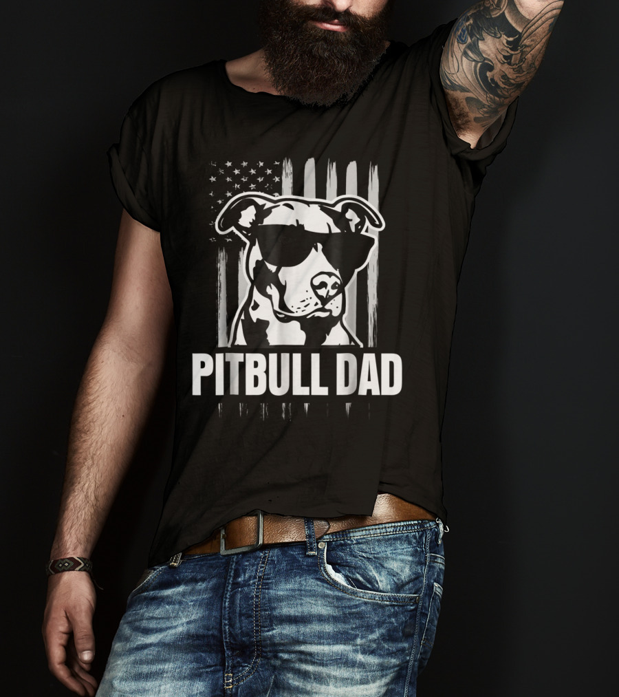 Pitbull Dad Mens Proud American Pit Bull Dog With Sunglasses And Flag T-Shirt