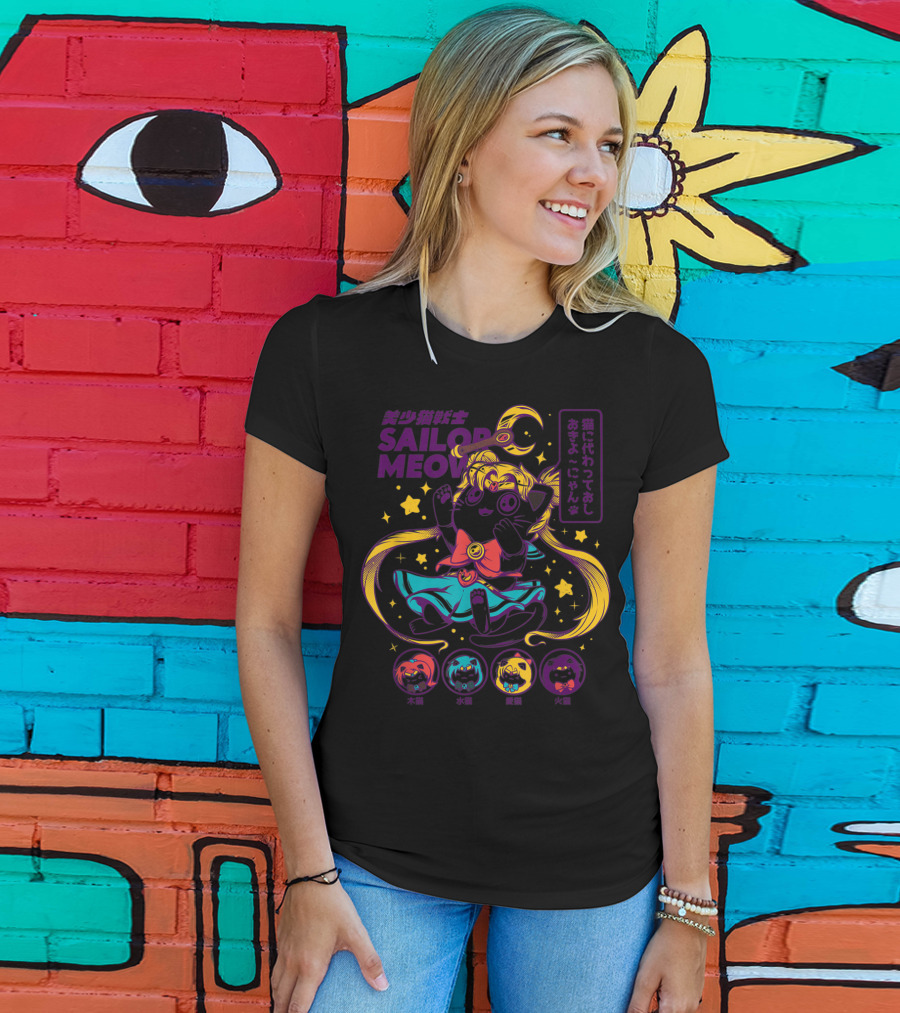 Sailor Meow Moon Anime Cat With Stars And Symbols T-Shirt