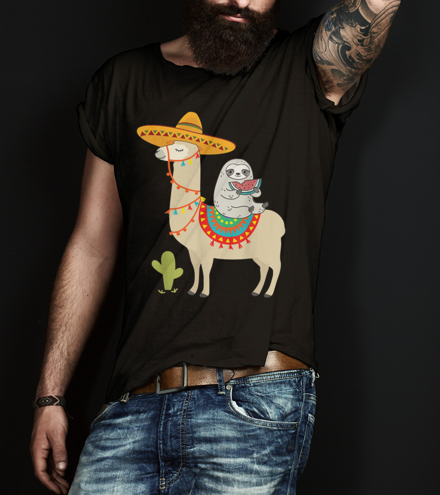 Cinco De Mayo Sloth Riding Llama Fiesta With Sombrero And Cactus T-Shirt