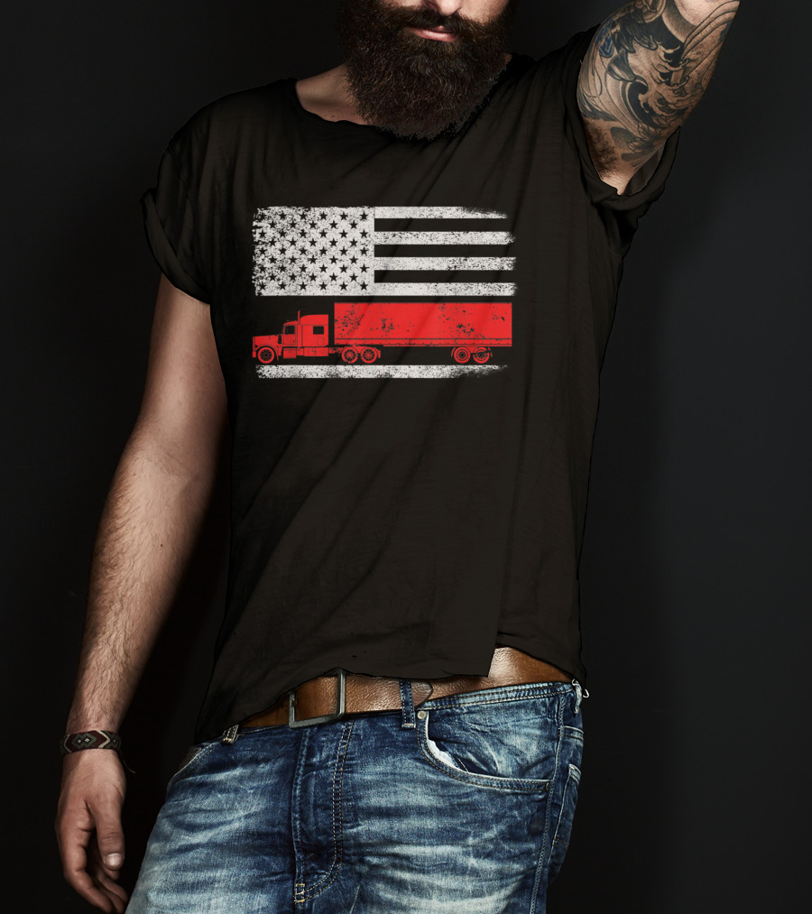 USA Flag American Trucker Red Semi Truck T-Shirt