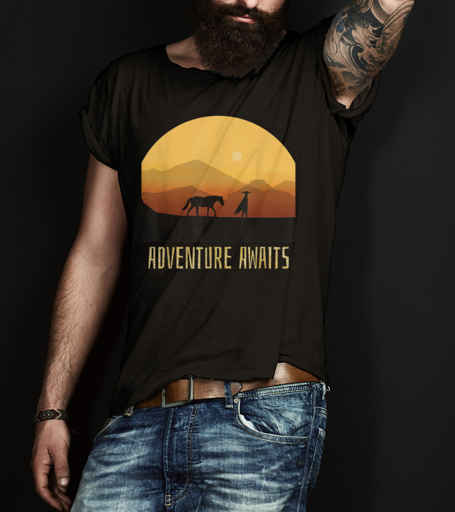 Adventure Awaits Sunset Man Horse Mountains T-Shirt