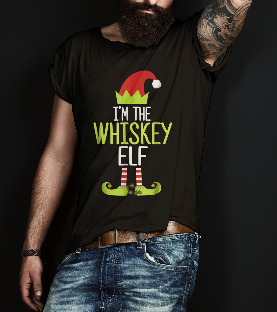 I'm The Whiskey Elf Christmas Family Elf Hat And Striped Shoes T-Shirt
