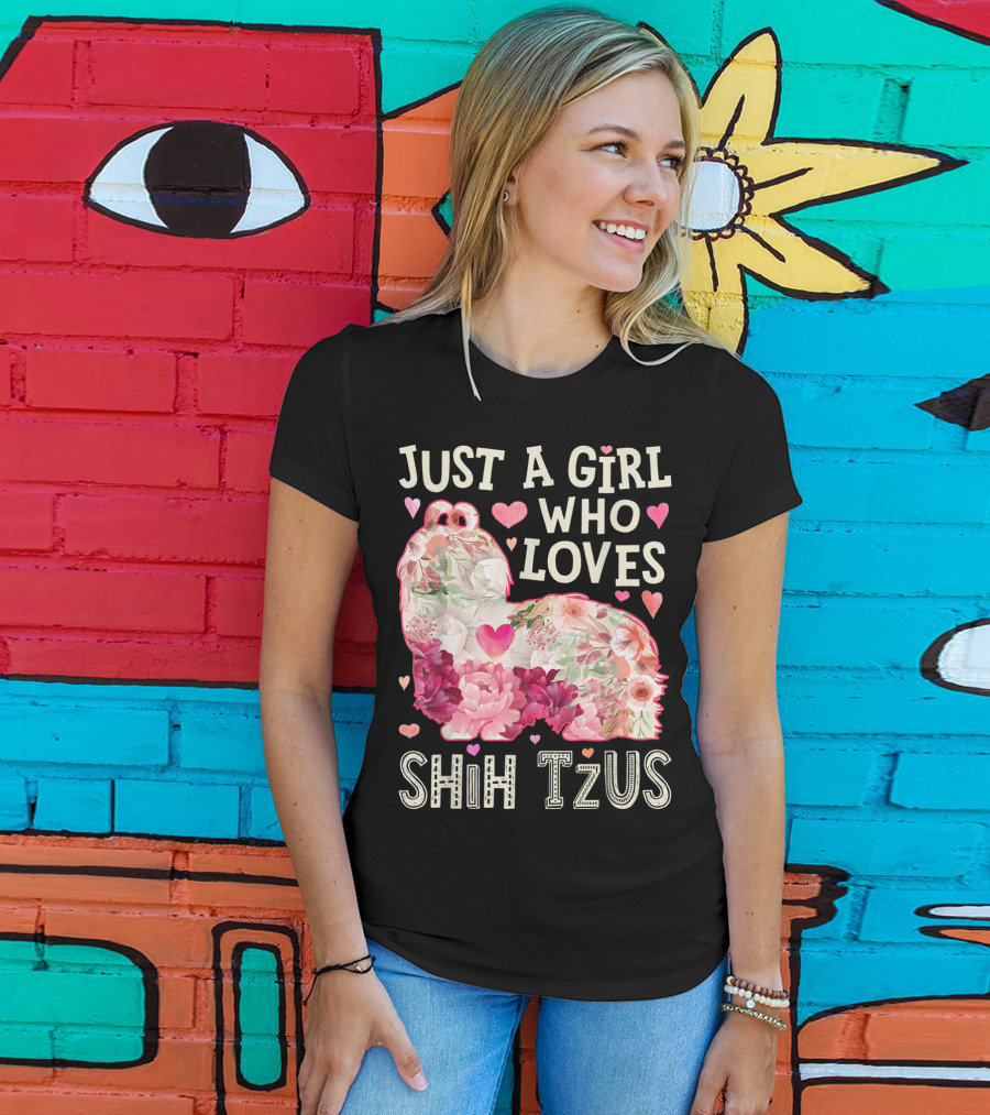 Just A Girl Who Loves Shih Tzus Floral Heart T-Shirt