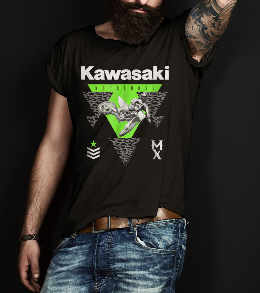 Kawasaki Motocross Classic Look 27272 MX Rider With Green Triangle And Chevron Star T-Shirt