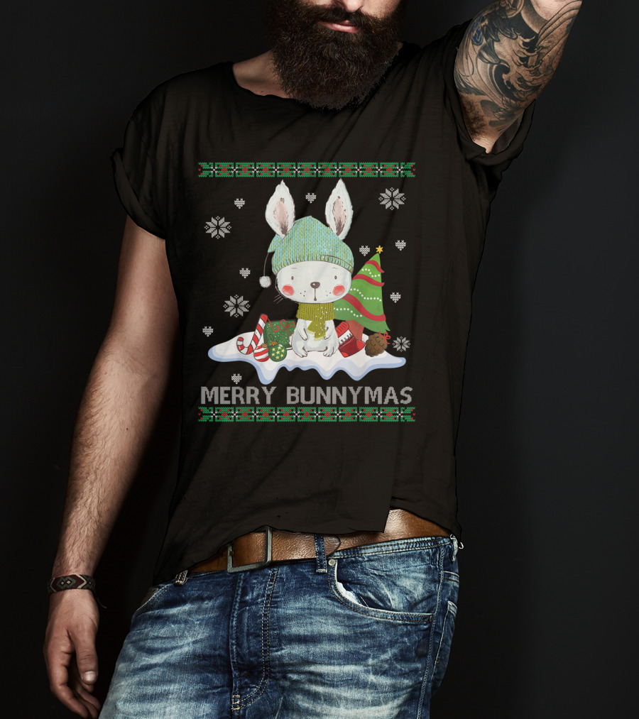 Merry Bunnymas Cute Bunny With Santa Hat And Christmas Tree T-Shirt