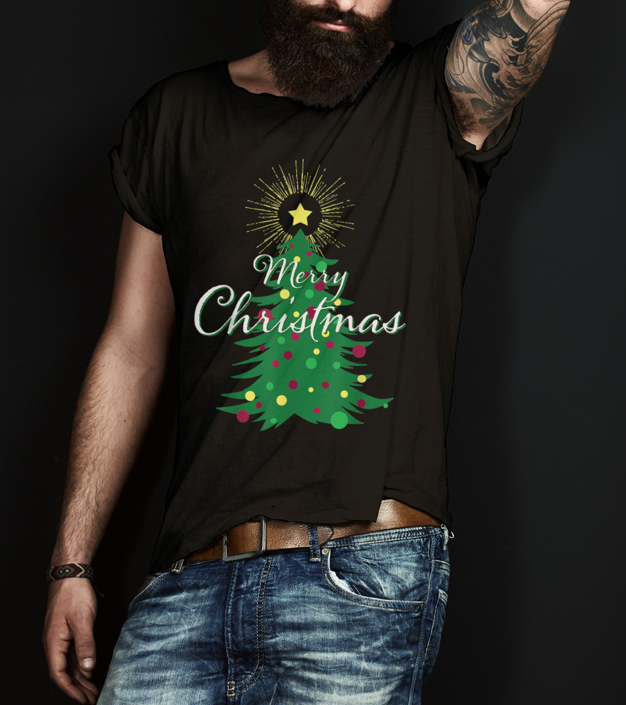 Merry Christmas Tree With Star And Colorful Ornaments For Family Party T-Shirt