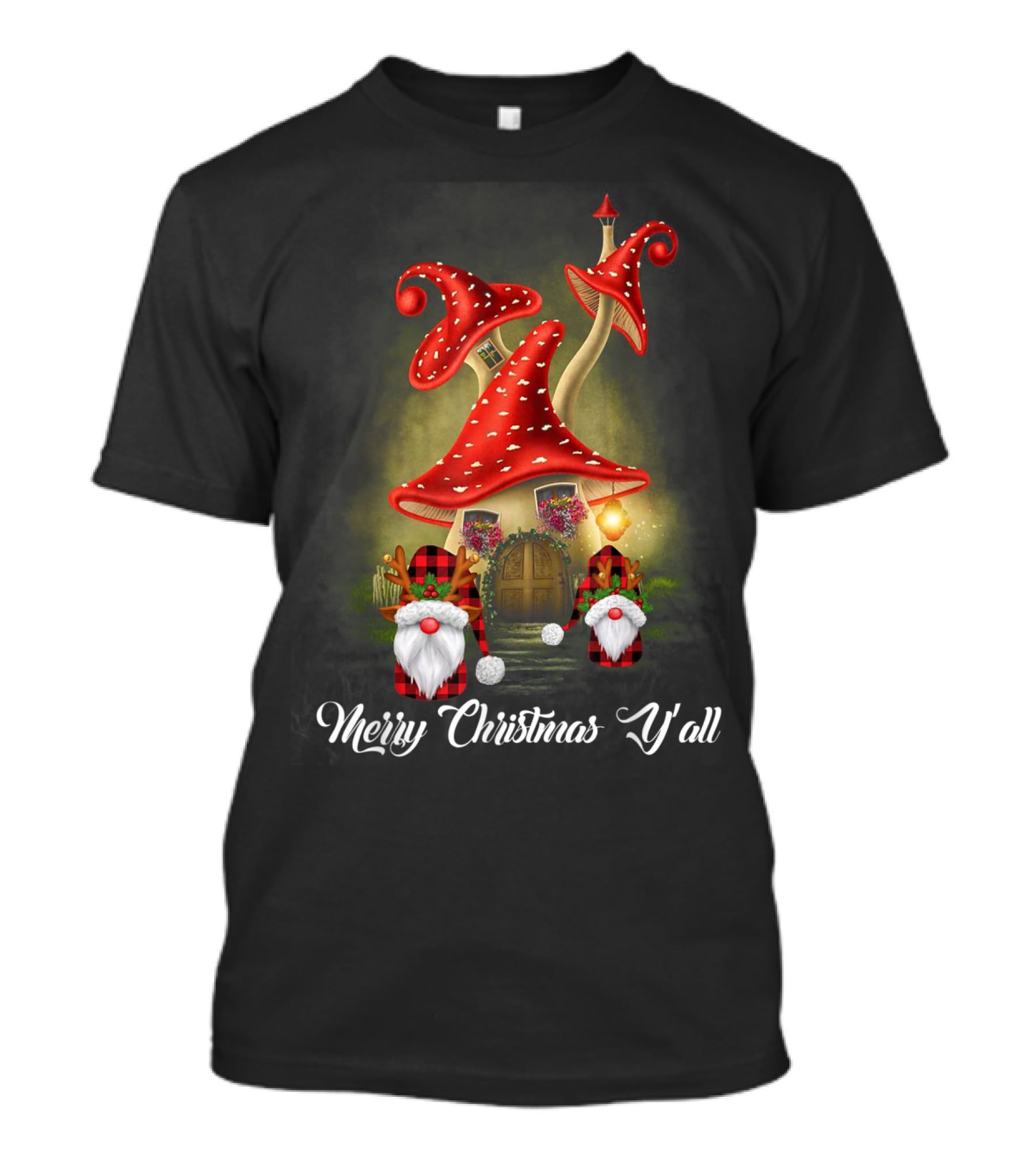 Merry Christmas Y'all Gnome Red Mushroom House T-Shirt