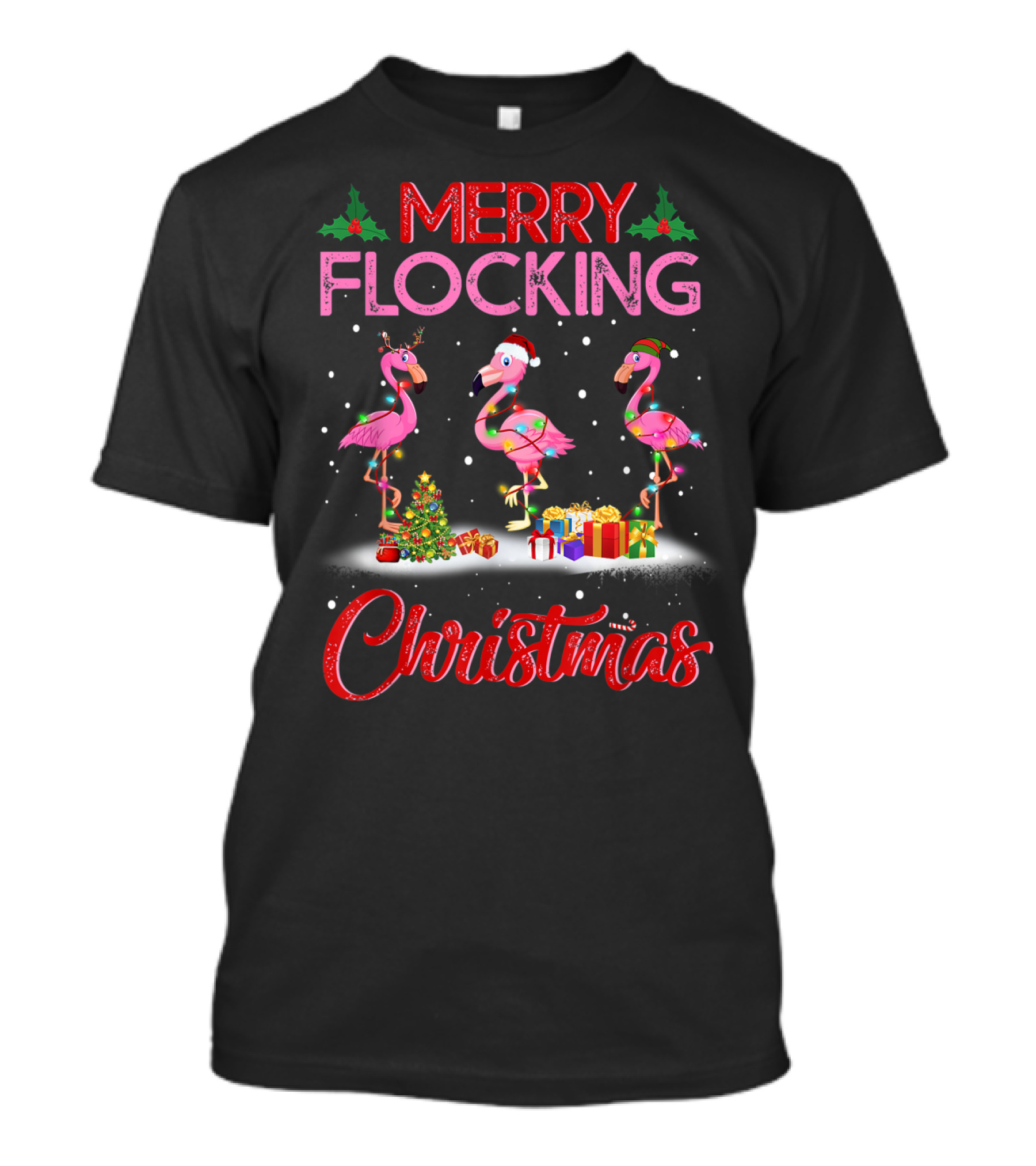 Merry Flocking Christmas Flamingo Pink Holiday Scene With Presents And Snowflakes T-Shirt