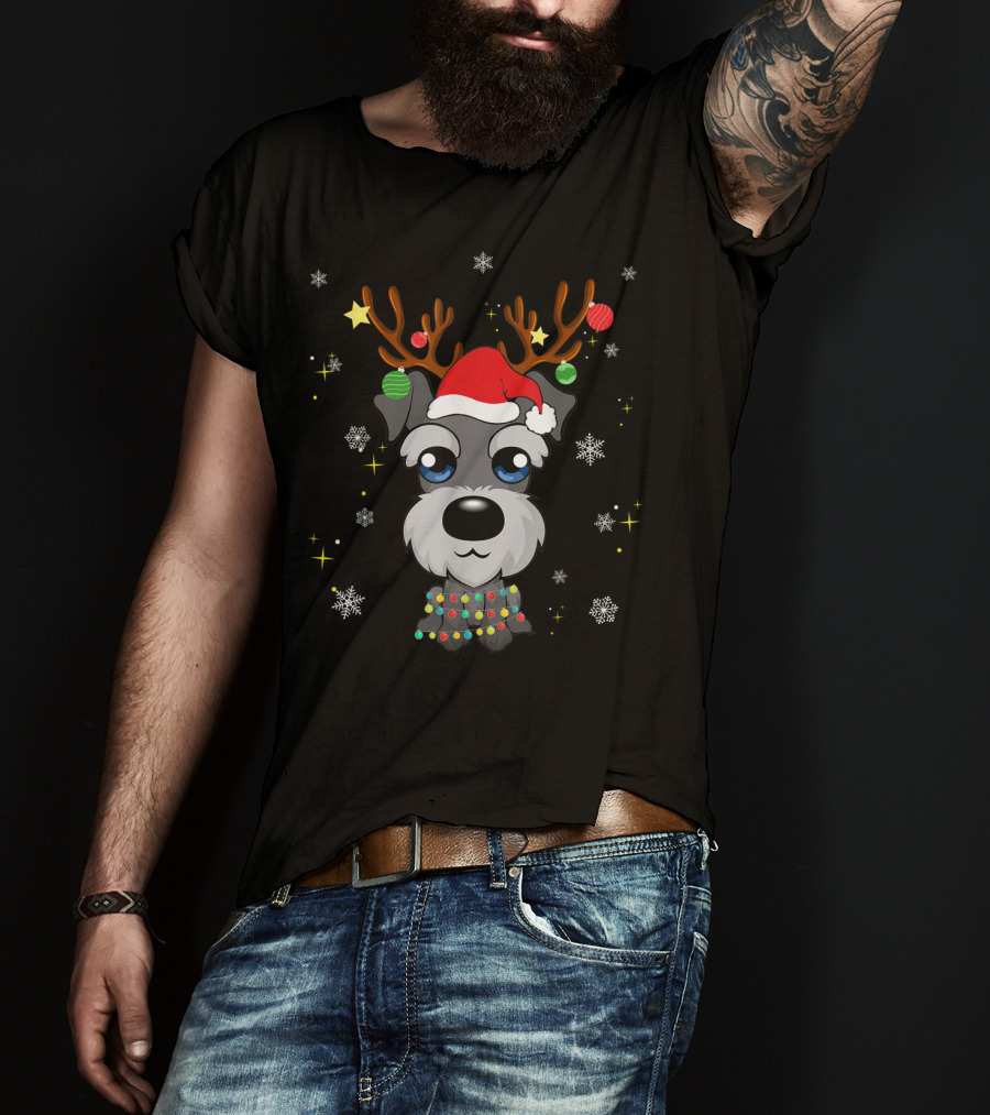 Miniature Schnauzer Reindeer Santa Hat Christmas Lights Snowflakes Stars T-Shirt