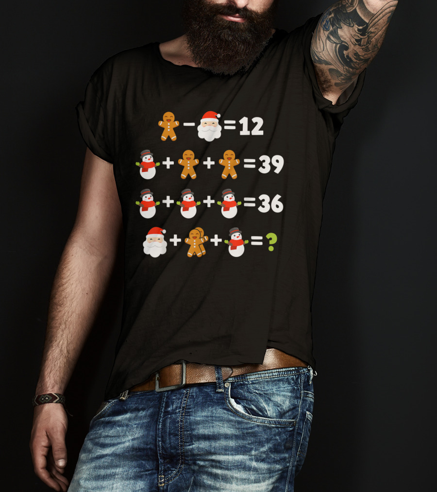 Gingerbread Santa Snowman Christmas Math Puzzle Equation Mystery T-Shirt