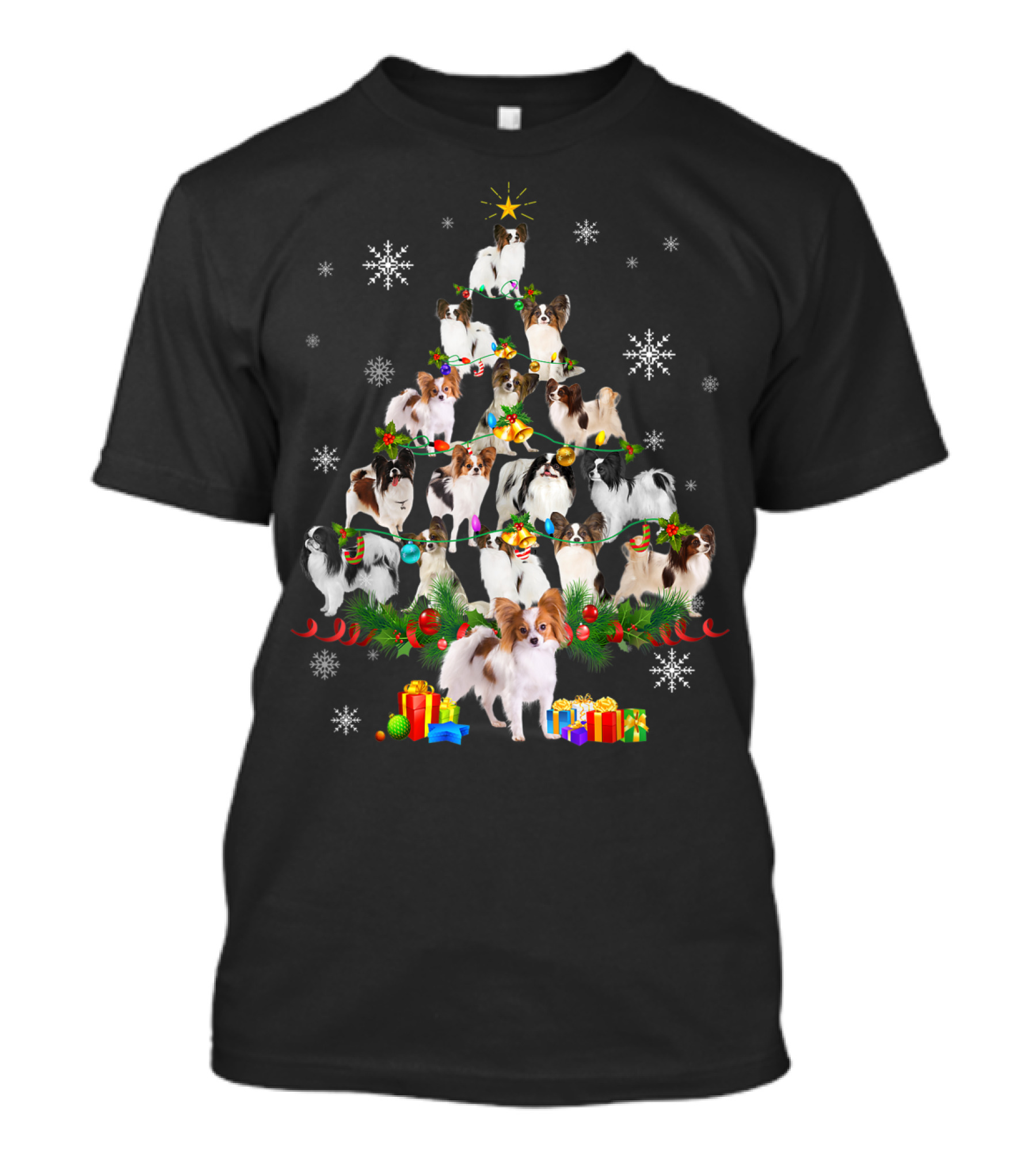 Papillon Dog Christmas Tree Lights With Snowflakes And Presents T-Shirt