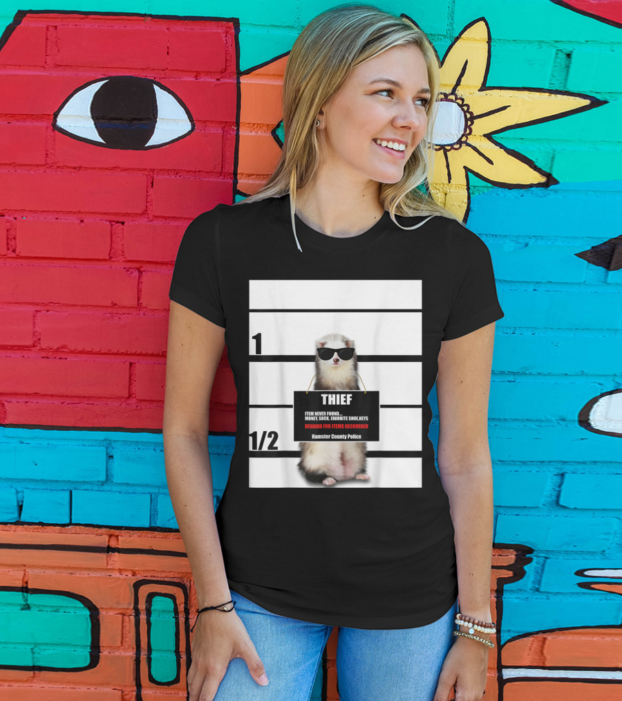 Pet Ferret Thief Mugshot Hamster County Police Funny Ferret Reward For Items Recovered T-Shirt