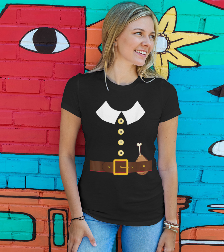 Pilgrim Costume Black Collar Buttons Belt Chicken Leg Colonist T-Shirt