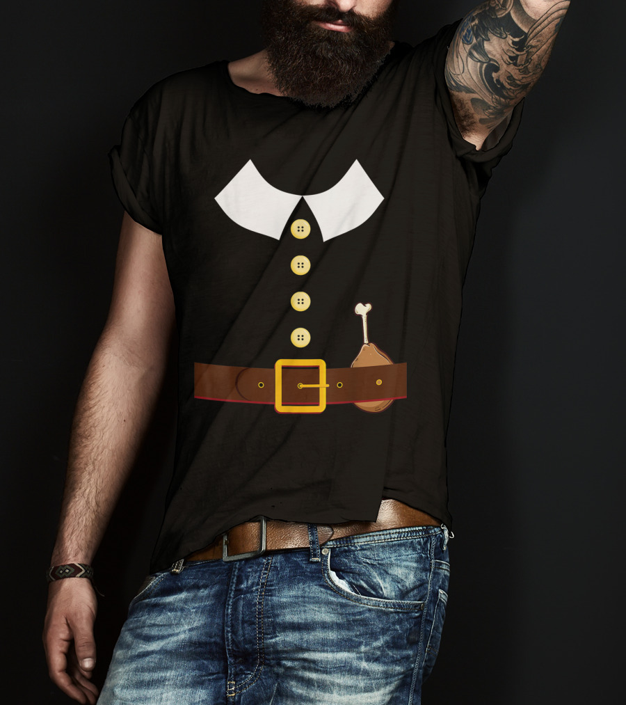 Pilgrim Costume Black Collar Buttons Belt Chicken Leg Colonist T-Shirt