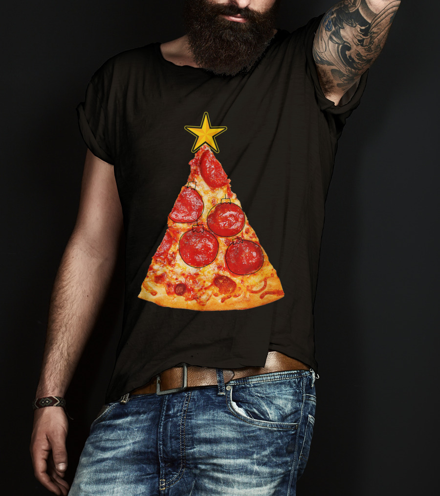 Pizza Slice Christmas Tree With Pepperoni Ornaments And Star Topper T-Shirt