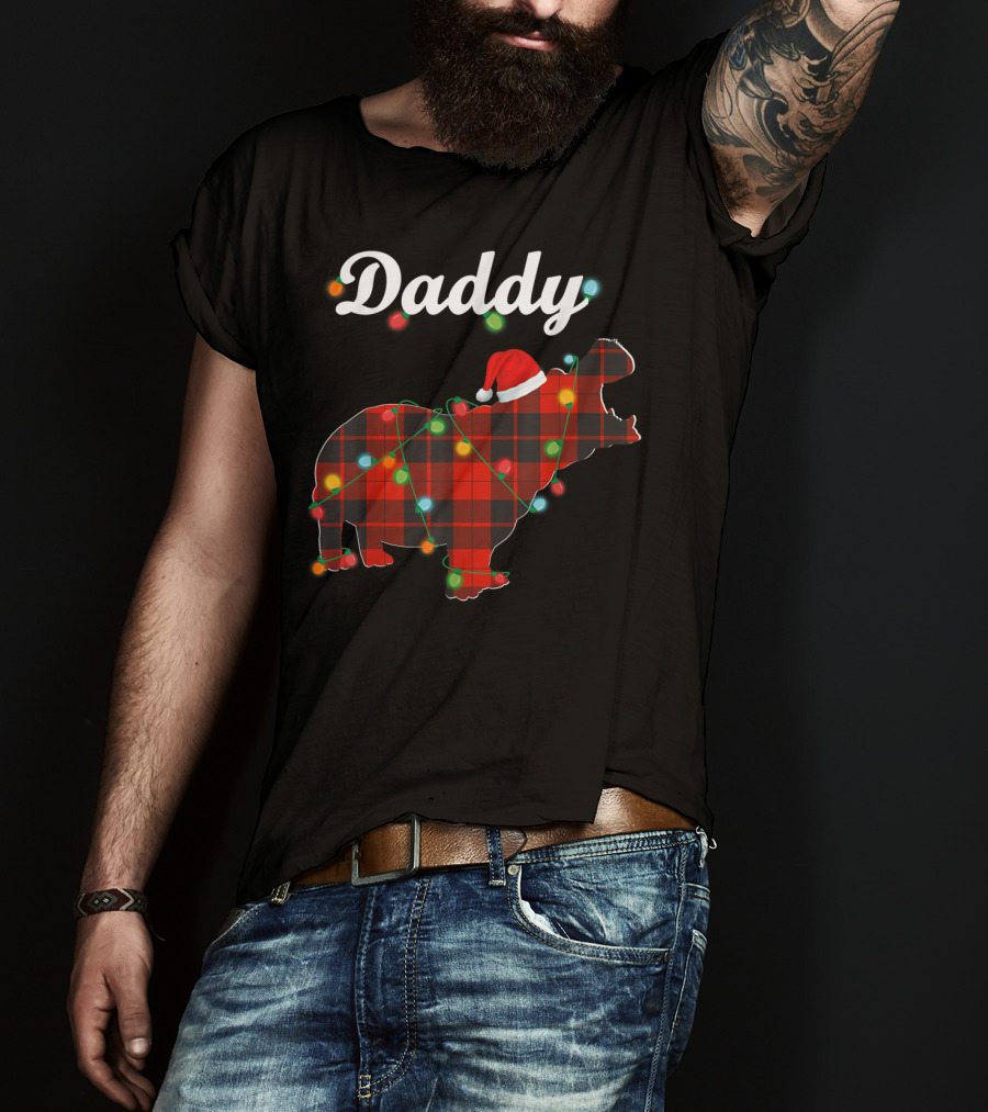 Daddy Red Plaid Hippopotamus Christmas Lights Santa Hat T-Shirt