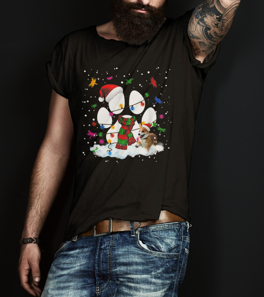 Santa Corgi Paw Print Christmas Lights Snowflakes T-Shirt