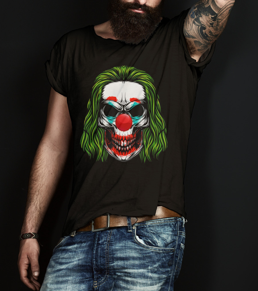 Scary Clown Skull Horror With Green Hair And Red Nose T-Shirt